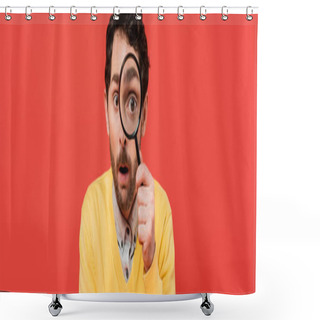 Personality  Surprised Man In Yellow Long Sleeve Jumper Holding Magnifying Glass On Red Coral Background, Banner  Shower Curtains