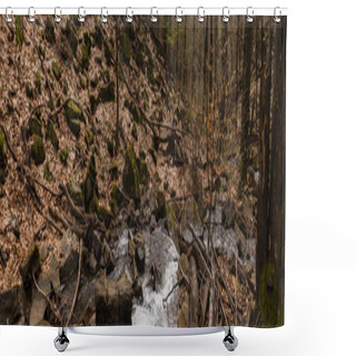 Personality  Stones In Moss On Hill Near Creek In Forest, Banner  Shower Curtains