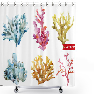 Personality  Watercolor Corals Set And Ocean  Sponge Shower Curtains