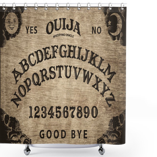 Personality  Planchette Of Ouija Board On Wooden Texture. Poster With Game Of Ghosts. Halloween Play With Calling Souls And Demons. Party Poster. Graphic, Typography, Alphabet, Letters, Numbers. Shower Curtains