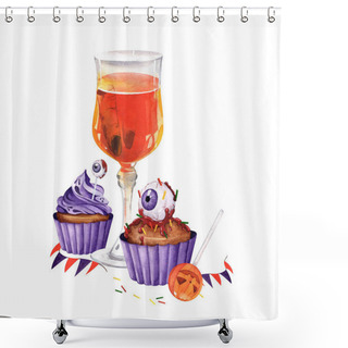 Personality  Watercolor Holiday Composition And Cocktail, Cupcakes And Lollipop And Flags. Illustration For Design On The Theme Of Halloween Or Themed Parties. Shower Curtains
