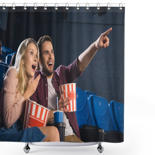 Personality  Shocked Couple With Popcorn And Soda Drink Watching Film Together In Cinema Shower Curtains