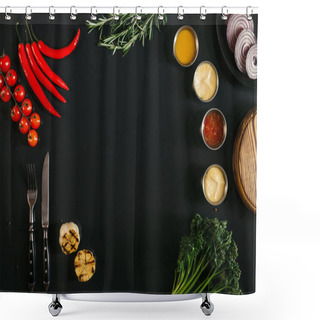 Personality  Top View Of Various Sauces, Grilled Garlic, Fork With Knife And Fresh Vegetables With Herbs On Black Background Shower Curtains