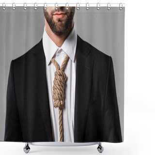 Personality  Partial View Of Depressed Businessman In Black Suit With Noose On Neck Isolated On Grey Shower Curtains