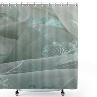 Personality  Airy Organza With Emerald Embroidery Is Rolled Up With Light Waves Of Fabric, Transparent Material For Tulle Or Curtains With Green Floral Embroidered Print Lies In Careless Folds Shower Curtains