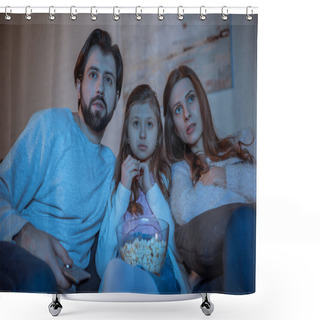 Personality  Surprised Parents And Daughter Watching Movie On Sofa With Popcorn Shower Curtains