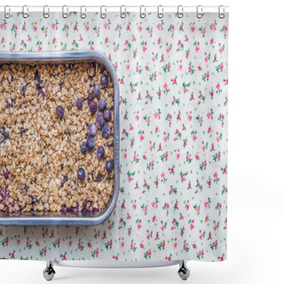 Personality  Oat Granola With Fresh Berries In A Silver Baking Dish Over A Fl Shower Curtains