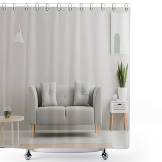 Personality  Green Plant On A Scandinavian Cabinet With Drawer And A Cozy Couch With Pillows In A Gray, Simple Living Room Interior With Place For A Coffee Table. Real Photo. Shower Curtains