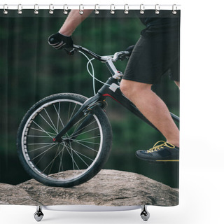 Personality  Cropped Shot Of Trial Biker Balancing On Rock Outdoors Shower Curtains