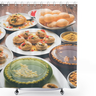 Personality  Group Of Bombay Chat Food Includes Golgappa/panipuri, Bhel-puri, Sev-poori, Dahipuri, Ragda Pattice, Raj Kachori Etc. Selective Focus Shower Curtains