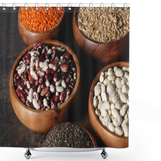 Personality  Variety Of Beans, Lentils And Oat Groats In Wooden Bowls On Table Shower Curtains