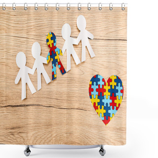 Personality  High Angle View Of Special Kid With Autism Among Another With Decorative Heart On Wooden Background Shower Curtains