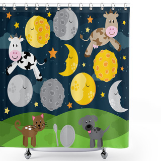 Personality  Hey Diddle Diddle Nursery Rhyme Landscape With Cow Jumping Over The Moon Shower Curtains