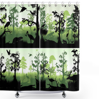 Personality  Set Of Vector Rainforest Wetland Silhouettes In Sunset Template With Animals Shower Curtains