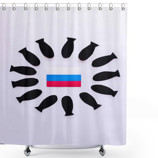 Personality  Top View Of Russian Flag In Frame From Paper Bombs On White Background  Shower Curtains