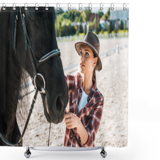Personality  Attractive Jockey In Checkered Shirt And Hat Fixing Horse Halter At Ranch Shower Curtains