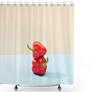Personality  Fresh Red Bell Peppers On Blue Surface Isolated On Beige Shower Curtains