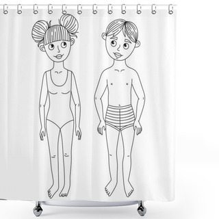 Personality  Girl And Boy In Swimsuits Line Doodle Vector Set Shower Curtains