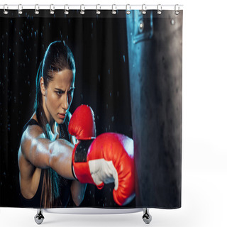 Personality  Pensive Boxer In Red Boxing Gloves Training Under Water Drops On Black Shower Curtains