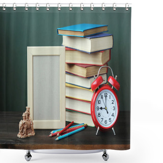 Personality  A Still Life With Books, An Alarm Clock And A Frame For A Photo. Shower Curtains