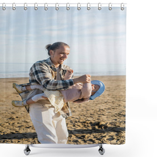 Personality  Happy Young Father Playing With Baby On Beach In Treviso Shower Curtains