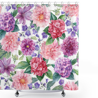 Personality  Flowers Hydrangea, Dahlia, Bell, Watercolor Drawings, Floral Design, Seamless Pattern Shower Curtains