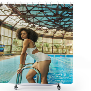 Personality  Young And Curly African American Woman In Bathing Suit Standing By Pool Ladder With Blue Water Shower Curtains