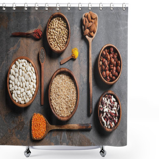 Personality  Flat Lay Of Wooden Bowls And Spoons With Superfoods, Legumes And Grains On Table Shower Curtains