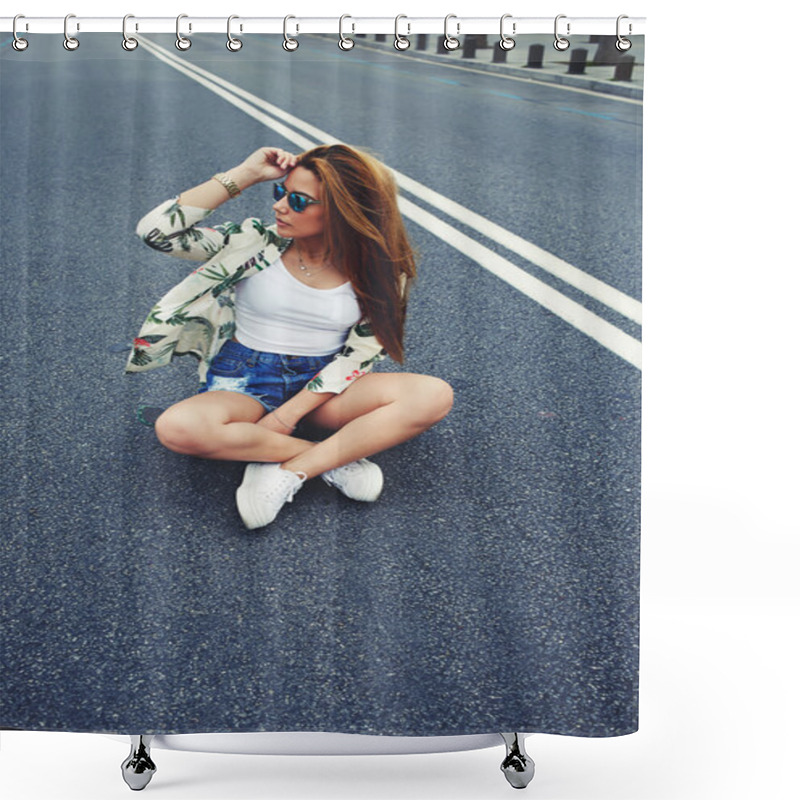 Personality  Hipster Girl Sitting  In The Middle Of Asphalt Road Shower Curtains