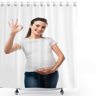 Personality  Pregnant Woman In White T-shirt Touching Belly And Showing Ok Sign Isolated On White  Shower Curtains