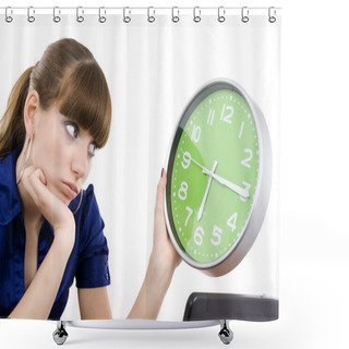 Personality  The Business Woman With Clock In Hands. Shower Curtains