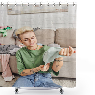 Personality  Wardrobe Items Decluttering, Young And Cheerful Woman With Tattoo And Trendy Hairstyle Holding Cap Near Couch With Clothes In Living Room, Sustainable Living And Mindful Consumerism Concept Shower Curtains