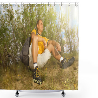 Personality  Young Man Hiker Relaxing On The Hill Shower Curtains