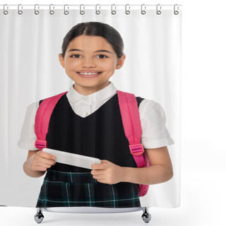 Personality  Digital Age, Schoolgirl Holding Smartphone Isolated On White, Student In Uniform, Banner, Horizontal Shower Curtains