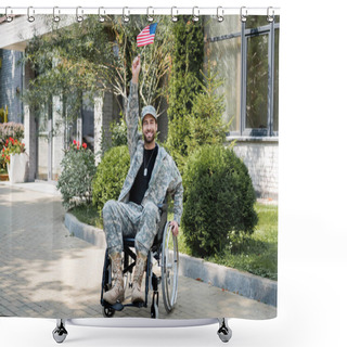 Personality  Young And Happy Disabled Veteran Sitting In Wheelchair With Small Usa Flag In Raised Hand Shower Curtains