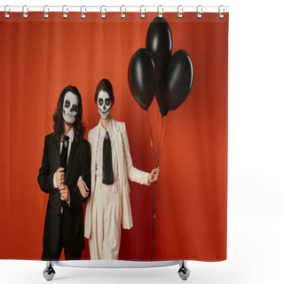 Personality  Dia De Los Muertos Party, Elegant Couple In Sugar Skull Makeup Standing With Black Balloons On Red Shower Curtains