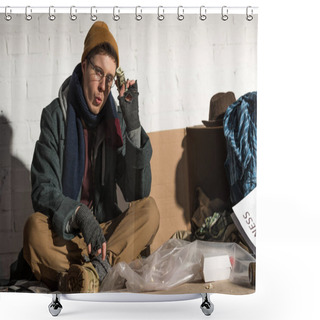 Personality  Homeless Man Whistling While Holding Money Shower Curtains