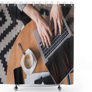 Personality  Cropped Shot Fo Man Using Laptop On Coffee Table Shower Curtains