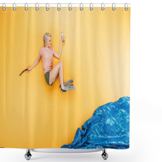 Personality  Beautiful Young Woman In Flippers Jumping In Imagine Sea On Yellow, Summer Vacation Concept Shower Curtains