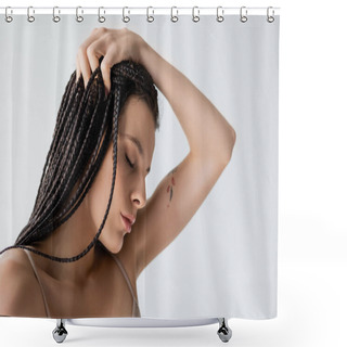 Personality  Portrait Of Young Tattooed Woman With Braids Touching Hair Isolated On Grey  Shower Curtains