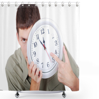 Personality  Young Male Model With Clock In Front Of His Head Shower Curtains