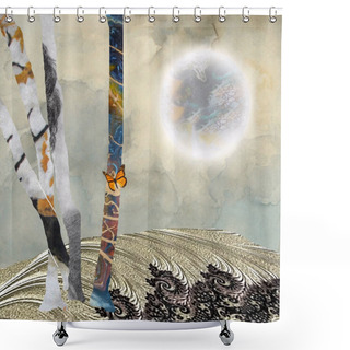 Personality  Modern Art. Abstract Nature. Trees, Butterfly And Surreal Planet. 3D Rendering. Shower Curtains