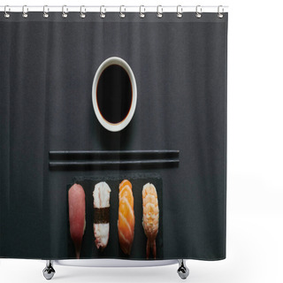 Personality  Top View Of Assorted Nigiri Sushi Set, Chopsticks And Soya Sauce On Black Slate Plate On Dark Tabletop Shower Curtains