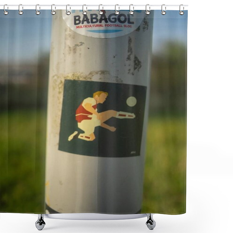 Personality  AMSTERDAM, NETHERLANDS - Mar 09, 2019: A Sticker Of A Football Player Either Controlling A Pass Mid-air Or Kicking The Ball Furiously. Shower Curtains