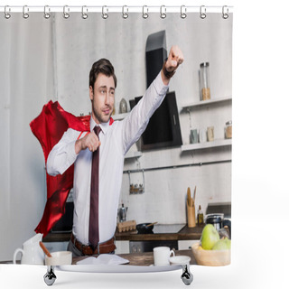 Personality  Cheerful Man In Superhero Red Cloak Posing In Kitchen At Home Shower Curtains