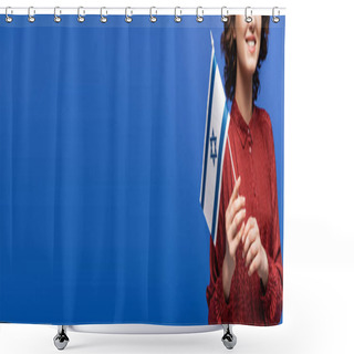 Personality  Partial View Of Happy Language Teacher In Red Blouse Holding Flag Of Israel Isolated On Blue, Banner Shower Curtains