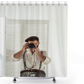 Personality  Bearded Man Sitting Near White Room Divider Taking Pictures With Vintage Film Camera Shower Curtains
