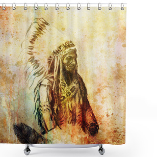 Personality  Drawing Of Native American Indian Foreman Sitting Bull - Totanka Yotanka According Historic Photography, With Beautiful Feather Headdress. Shower Curtains