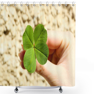 Personality  Female Hand With Four Leaves Clover, Closeup Shower Curtains