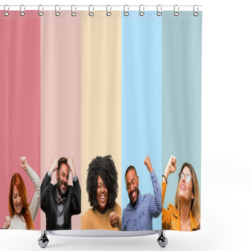 Personality  Cool Group Of People, Woman And Man Happy And Excited Expressing Winning Gesture. Successful And Celebrating Victory, Triumphant Shower Curtains